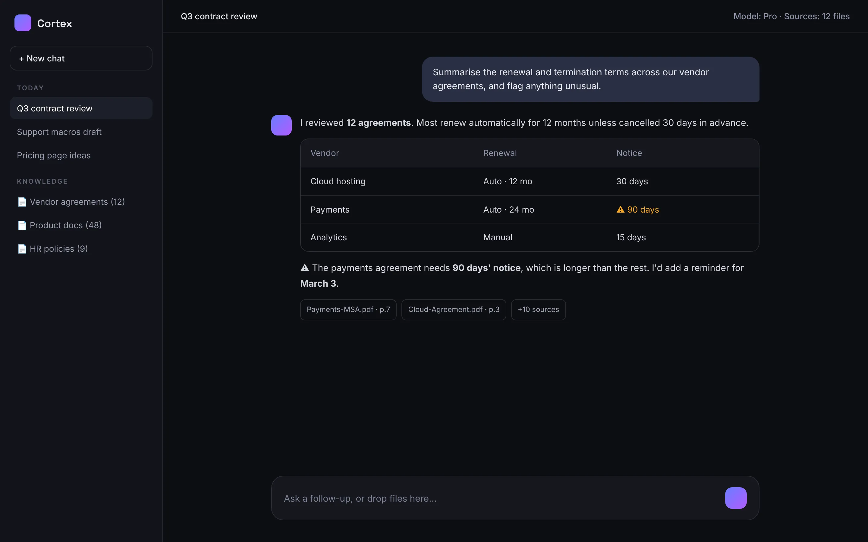 Design concept of an AI assistant interface answering questions with cited sources