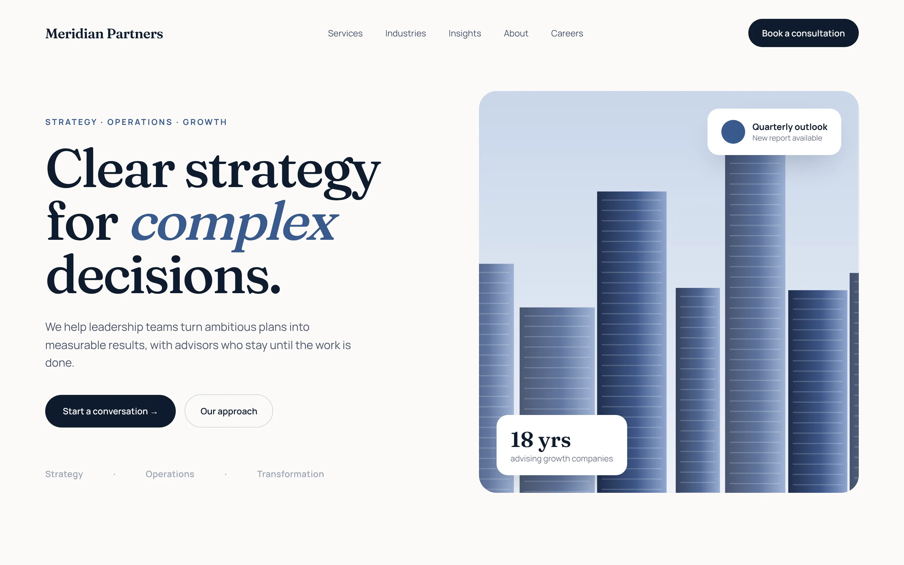 Design concept of a consulting firm website with a serif headline and city skyline artwork