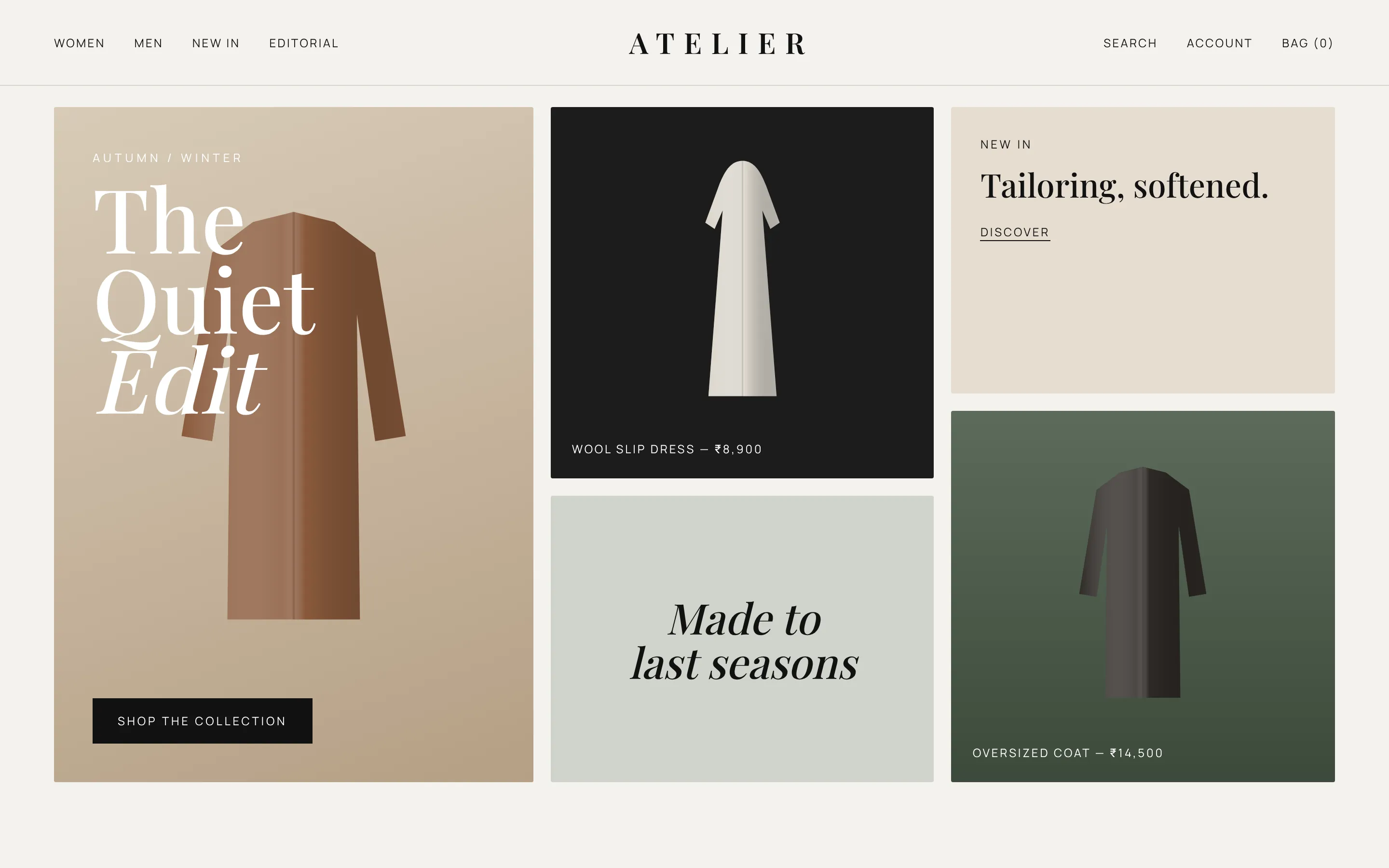 Design concept of an editorial fashion website with garment imagery in a magazine grid