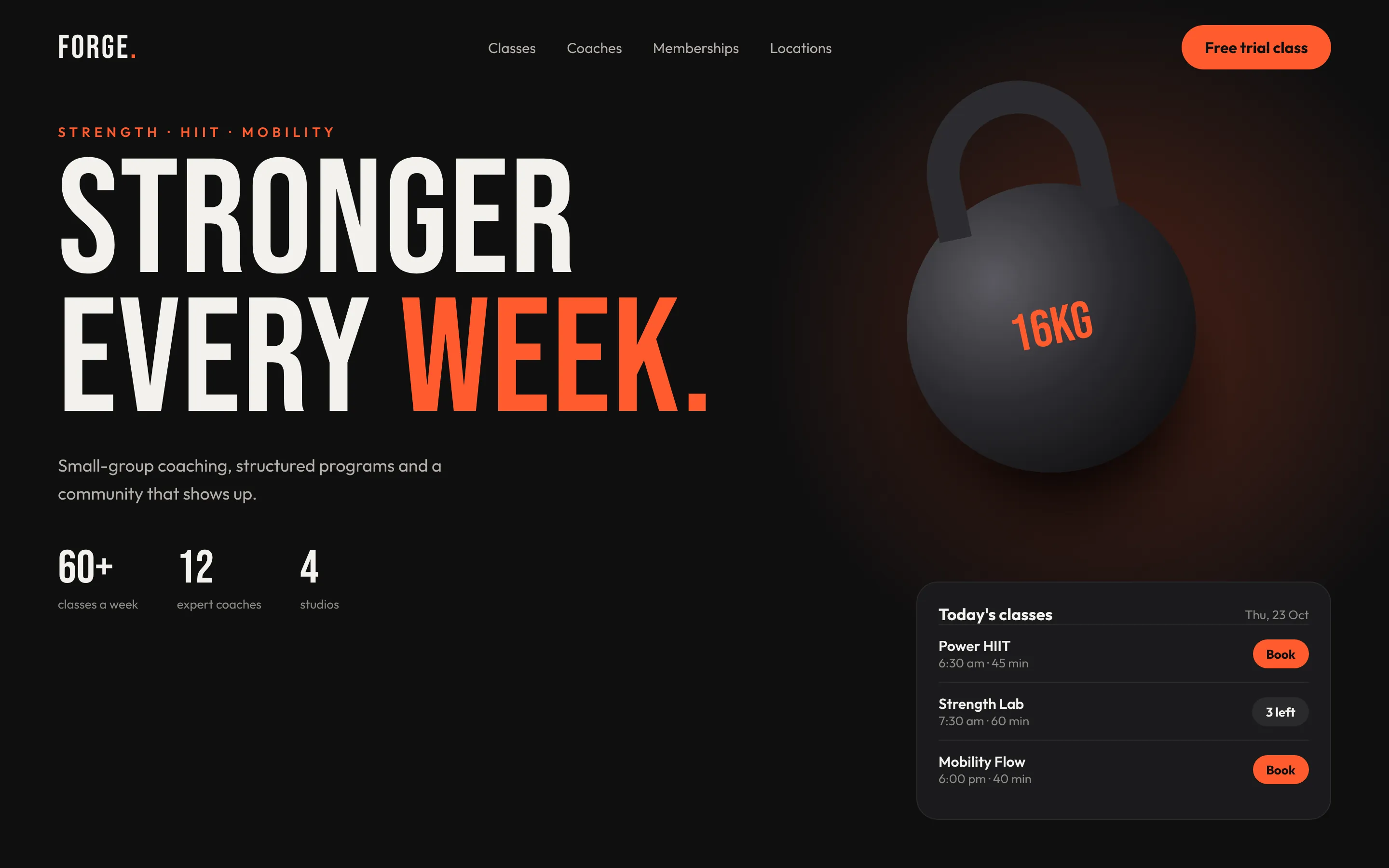 Design concept of a bold fitness studio website with a kettlebell and class schedule