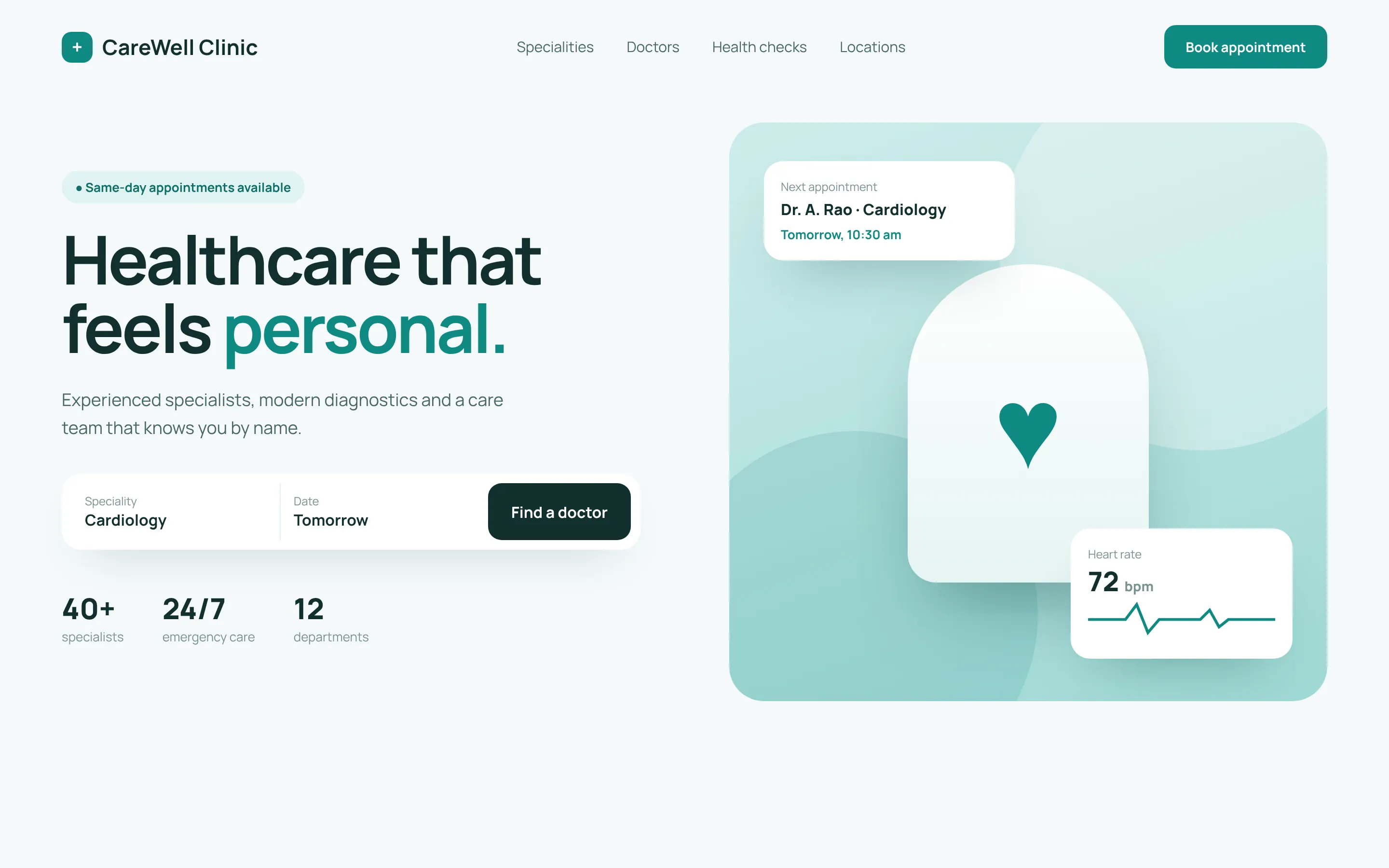 Design concept of a healthcare clinic website with appointment finder and care cards