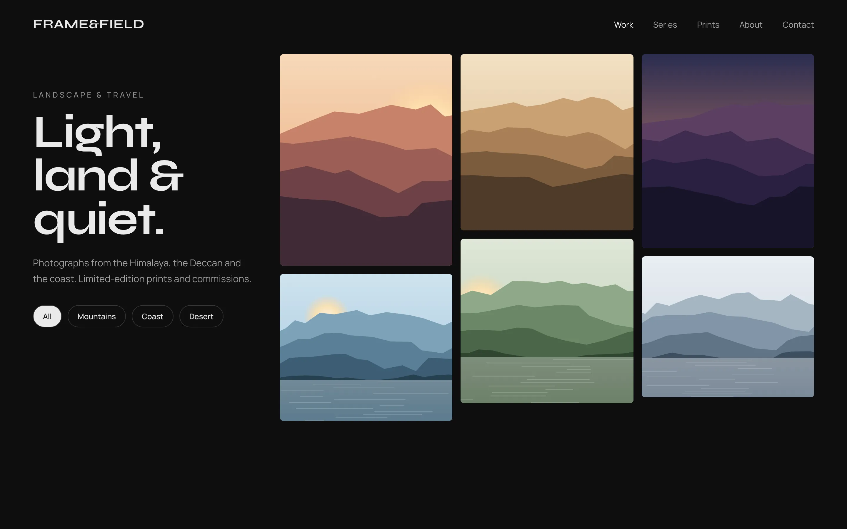 Design concept of a dark photography portfolio with a masonry grid of landscape images