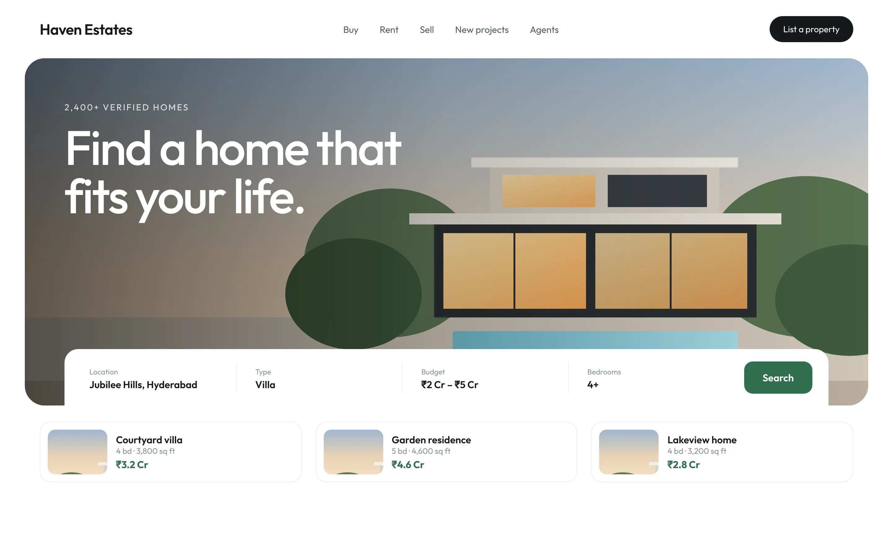 Design concept of a real estate website with a modern villa and property search bar